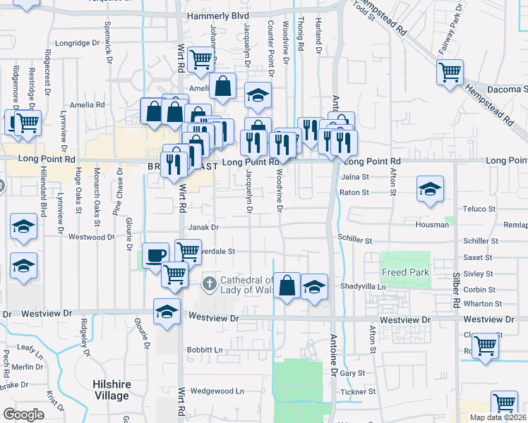 map of restaurants, bars, coffee shops, grocery stores, and more near 1647 Woodvine Drive in Houston