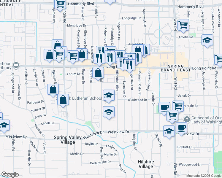 map of restaurants, bars, coffee shops, grocery stores, and more near 1615 Hillendahl Boulevard in Houston