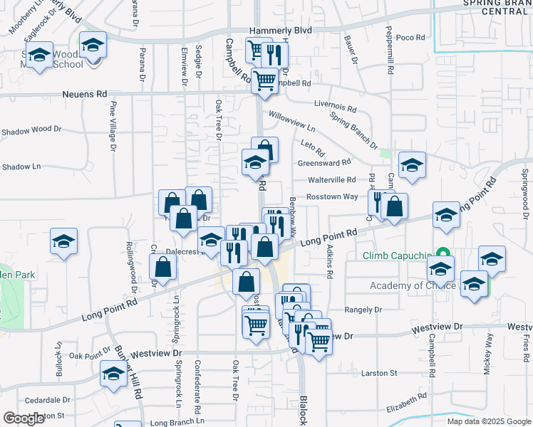 map of restaurants, bars, coffee shops, grocery stores, and more near 1550 Blalock Road in Houston