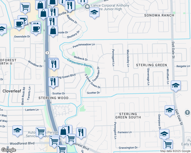 map of restaurants, bars, coffee shops, grocery stores, and more near 1371 Tenderden Drive in Channelview