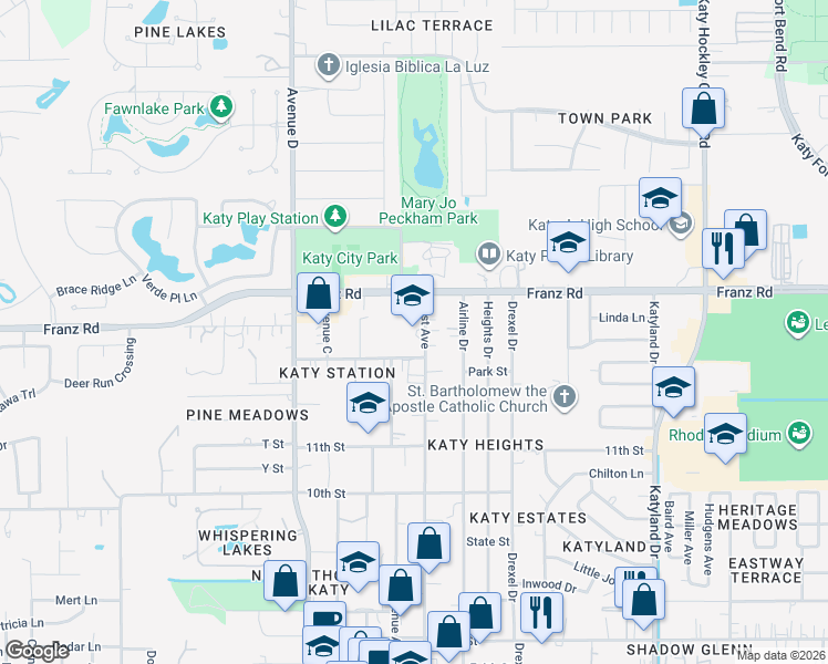 map of restaurants, bars, coffee shops, grocery stores, and more near 1913 East Avenue in Katy