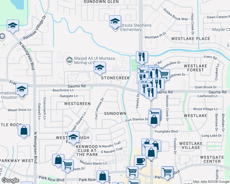map of restaurants, bars, coffee shops, grocery stores, and more near 20015 Fort Dodge Drive in Katy