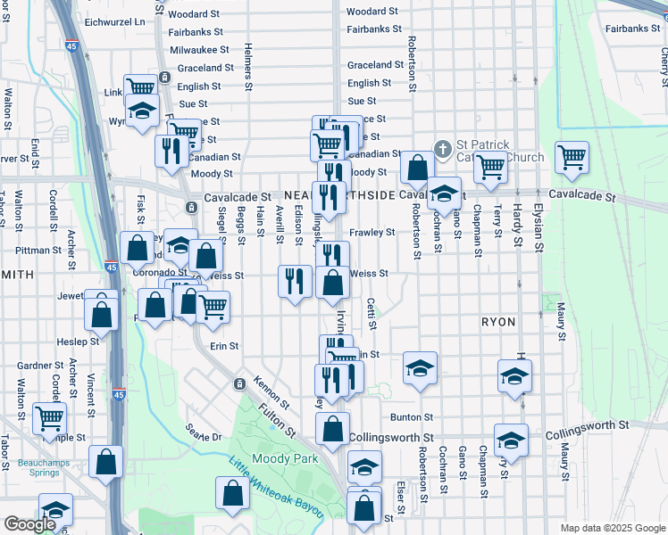 map of restaurants, bars, coffee shops, grocery stores, and more near 4409 Irvington Boulevard in Houston