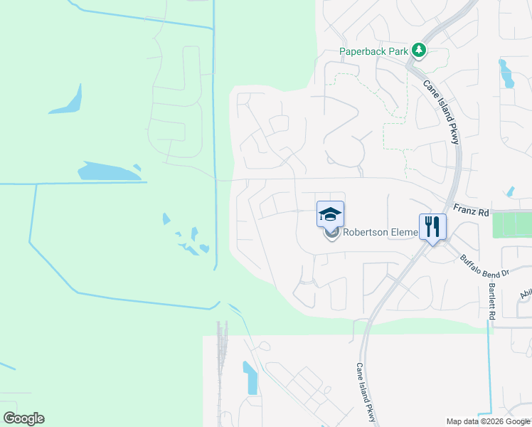 map of restaurants, bars, coffee shops, grocery stores, and more near 3825 Bartlett Road in Katy