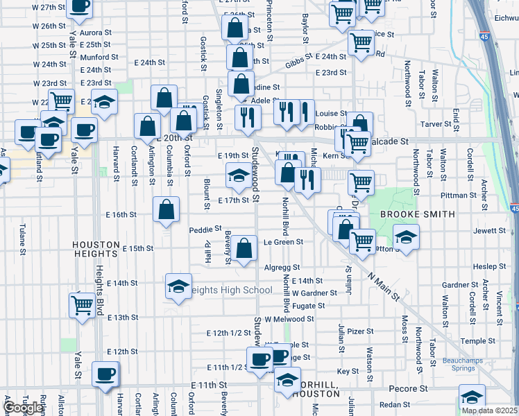 map of restaurants, bars, coffee shops, grocery stores, and more near 1139 Walling Street in Houston