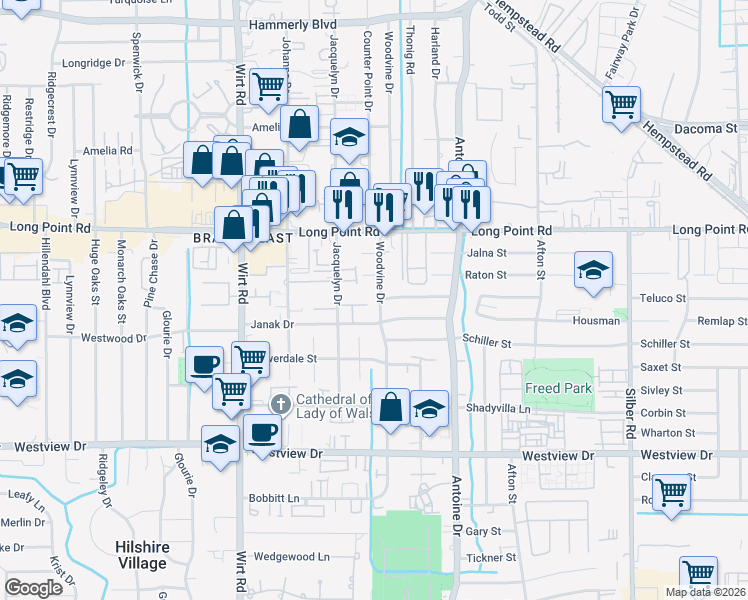 map of restaurants, bars, coffee shops, grocery stores, and more near 1647 Woodvine Drive in Houston