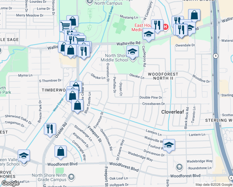 map of restaurants, bars, coffee shops, grocery stores, and more near 138 Oryan Court in Houston