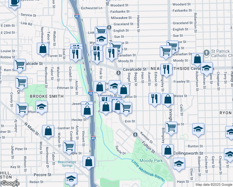 map of restaurants, bars, coffee shops, grocery stores, and more near 4411 Fulton Street in Houston