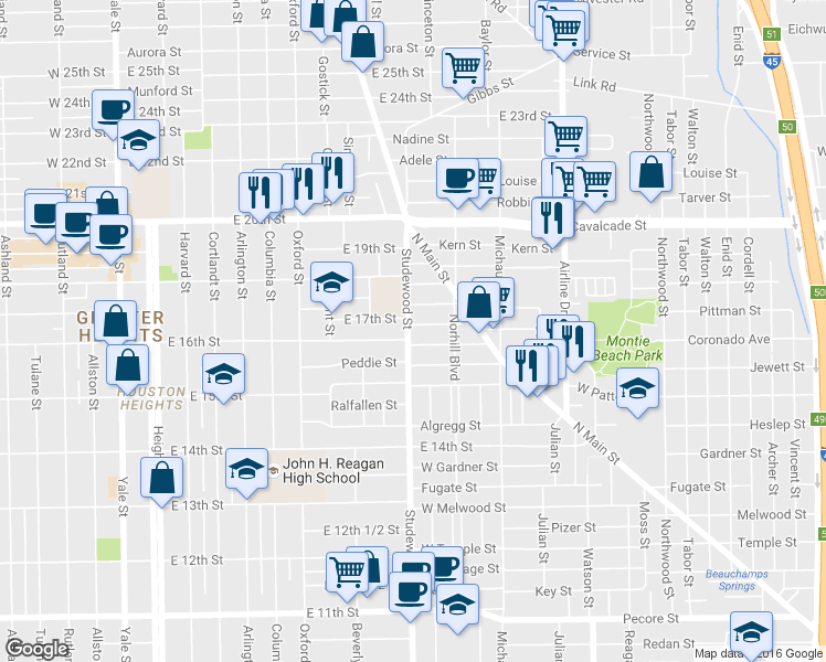 map of restaurants, bars, coffee shops, grocery stores, and more near in Houston