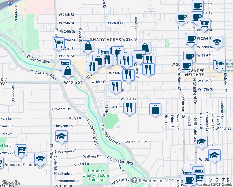 map of restaurants, bars, coffee shops, grocery stores, and more near 1233 West 17th Street in Houston