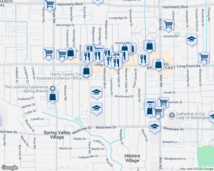map of restaurants, bars, coffee shops, grocery stores, and more near 1622 Hillendahl Boulevard in Houston