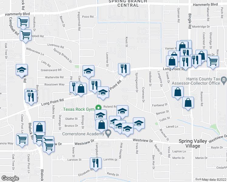 map of restaurants, bars, coffee shops, grocery stores, and more near 8995 Long Point Road in Houston