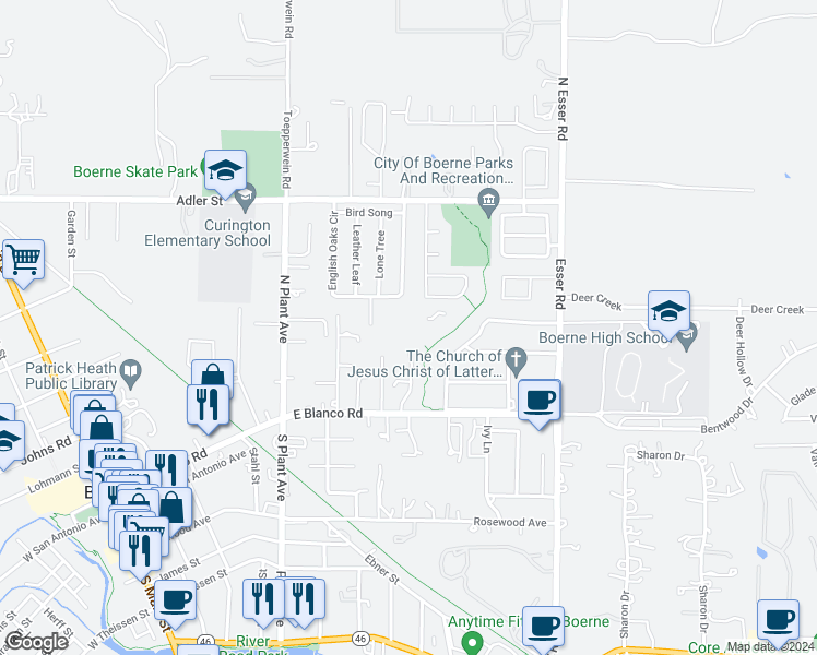 map of restaurants, bars, coffee shops, grocery stores, and more near 1 English Oaks Circle in Boerne