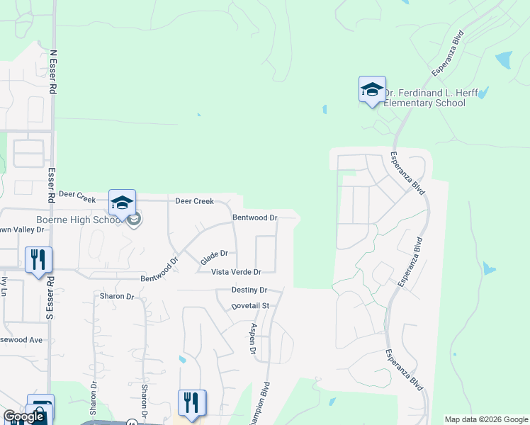 map of restaurants, bars, coffee shops, grocery stores, and more near 332 Bentwood Drive in Boerne