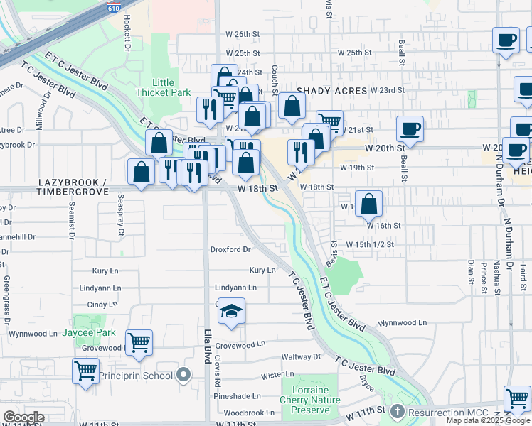 map of restaurants, bars, coffee shops, grocery stores, and more near 1700 T C Jester Boulevard in Houston
