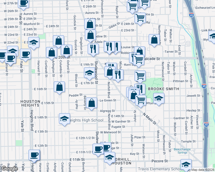 map of restaurants, bars, coffee shops, grocery stores, and more near 1102 Walling Street in Houston