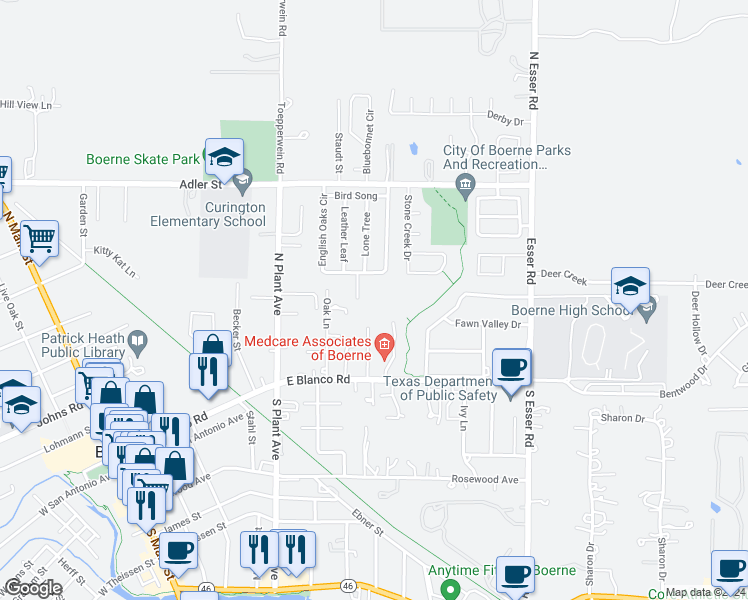 map of restaurants, bars, coffee shops, grocery stores, and more near 1 English Oaks Circle in Boerne