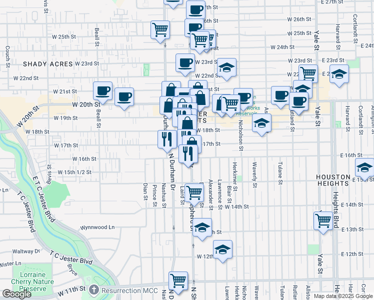 map of restaurants, bars, coffee shops, grocery stores, and more near 716 West 17th Street in Houston