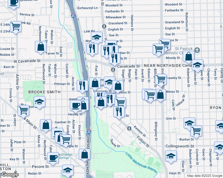 map of restaurants, bars, coffee shops, grocery stores, and more near 4411 Fulton Street in Houston