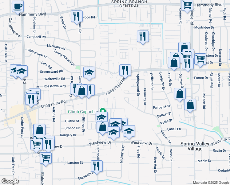 map of restaurants, bars, coffee shops, grocery stores, and more near 9005 Long Point Road in Houston