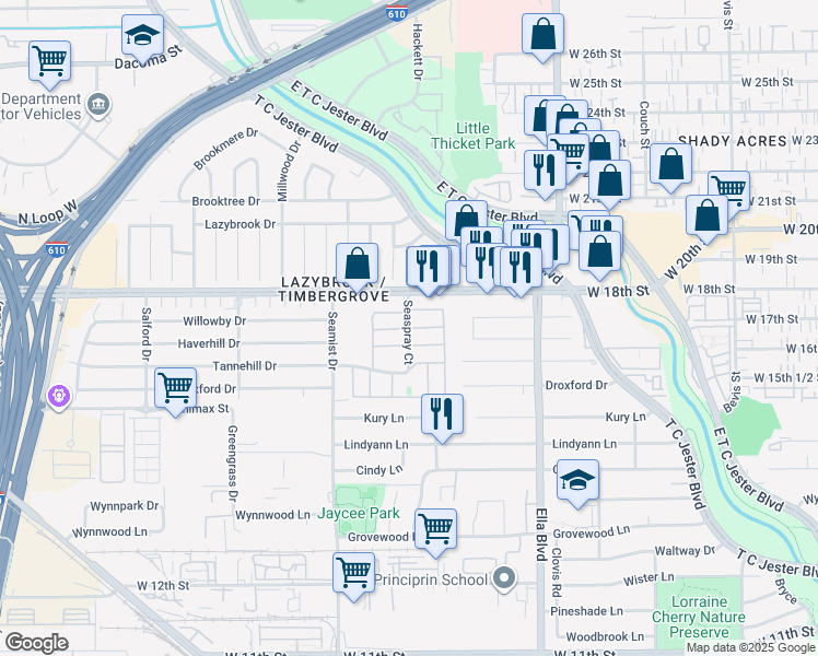 map of restaurants, bars, coffee shops, grocery stores, and more near 1707 Seaspray Court in Houston