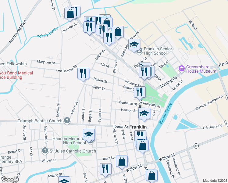 map of restaurants, bars, coffee shops, grocery stores, and more near 1214 Weber St in Franklin