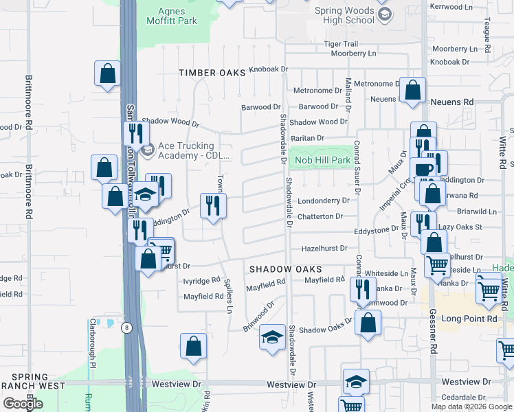 map of restaurants, bars, coffee shops, grocery stores, and more near 10506 Londonderry Drive in Houston