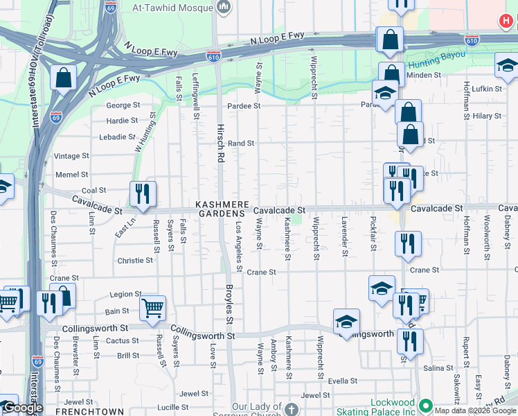 map of restaurants, bars, coffee shops, grocery stores, and more near 4401 Cavalcade Street in Houston