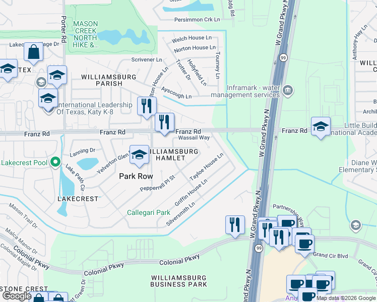 map of restaurants, bars, coffee shops, grocery stores, and more near 24007 Nomini Hall Lane in Katy