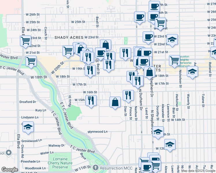 map of restaurants, bars, coffee shops, grocery stores, and more near 1026 West 17th Street in Houston
