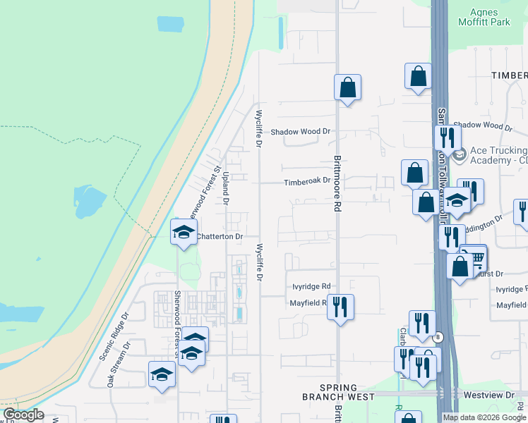 map of restaurants, bars, coffee shops, grocery stores, and more near 1818 Wycliffe Drive in Houston