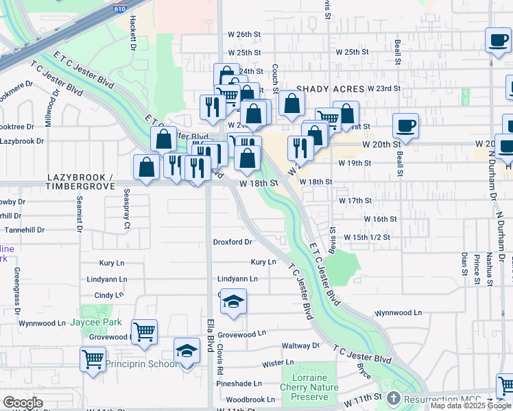 map of restaurants, bars, coffee shops, grocery stores, and more near 1700 T C Jester Boulevard in Houston