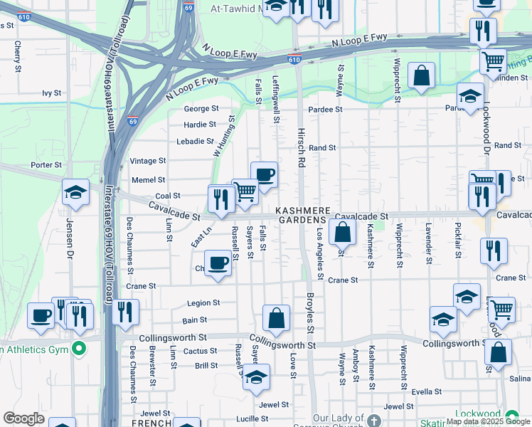 map of restaurants, bars, coffee shops, grocery stores, and more near 4011 Cavalcade Street in Houston