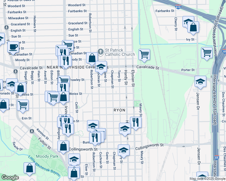 map of restaurants, bars, coffee shops, grocery stores, and more near 4410 Gano Street in Houston
