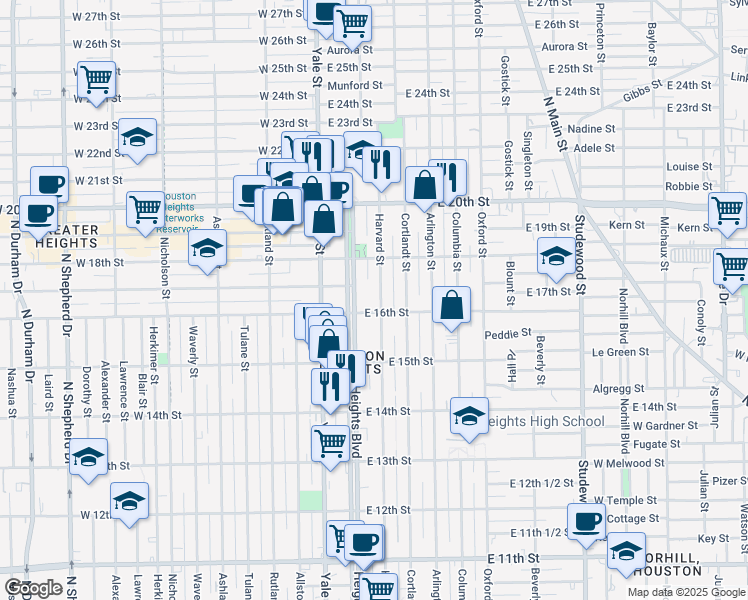 map of restaurants, bars, coffee shops, grocery stores, and more near 1615 Harvard Street in Houston