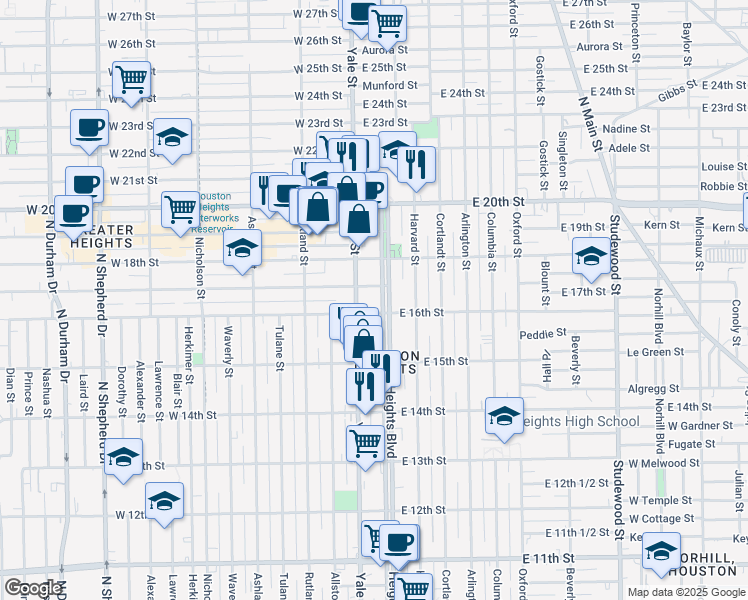 map of restaurants, bars, coffee shops, grocery stores, and more near 1605 Heights Boulevard in Houston