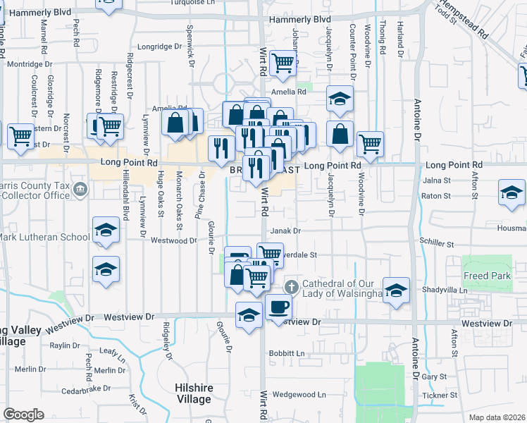 map of restaurants, bars, coffee shops, grocery stores, and more near 7906 Wellington Court South in Houston