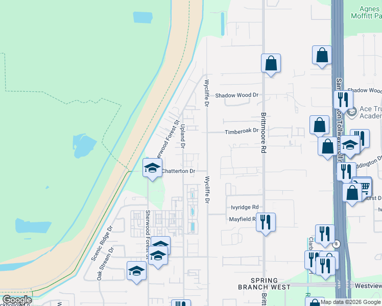 map of restaurants, bars, coffee shops, grocery stores, and more near 11010 Avenu Malkenu Avenue in Houston