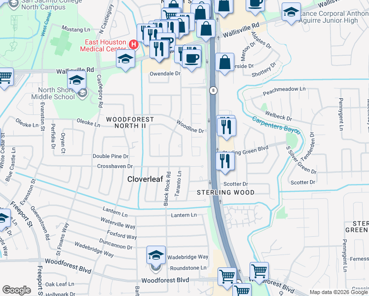 map of restaurants, bars, coffee shops, grocery stores, and more near 127 Fargo Woods Drive in Houston