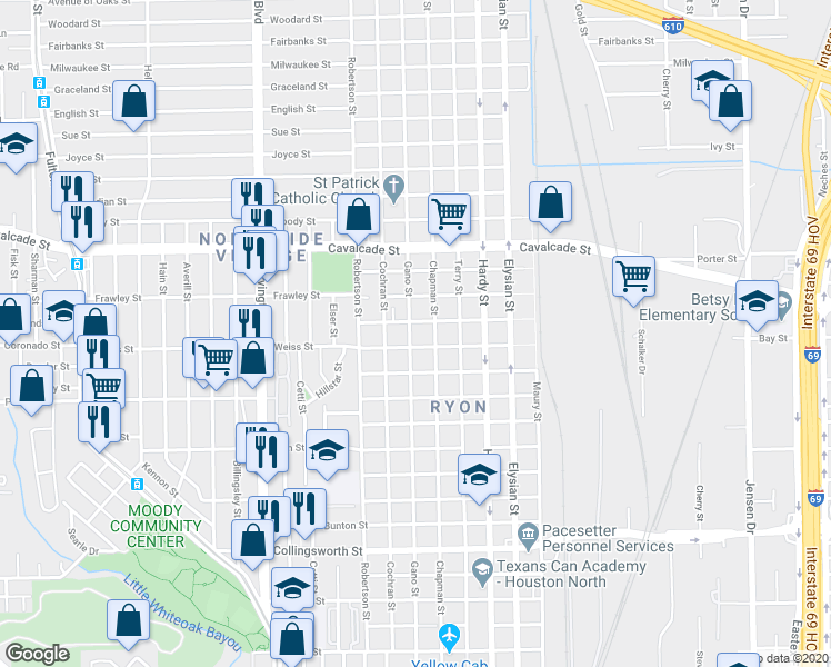 map of restaurants, bars, coffee shops, grocery stores, and more near 4410 Gano Street in Houston