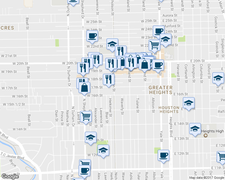map of restaurants, bars, coffee shops, grocery stores, and more near 1619 Nicholson St in Houston