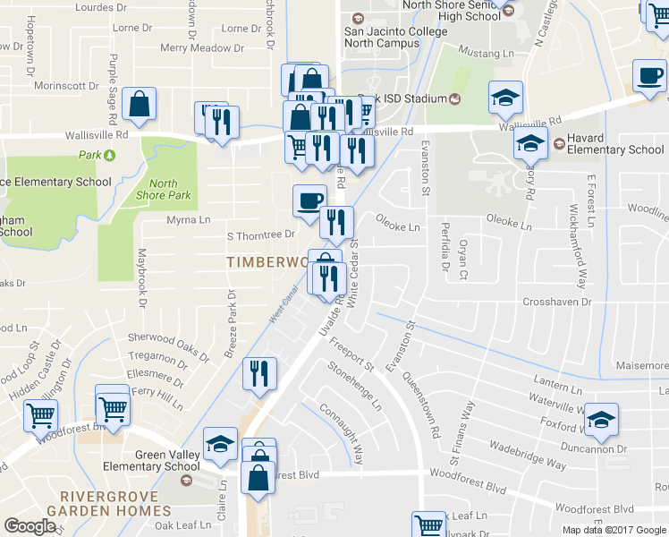 map of restaurants, bars, coffee shops, grocery stores, and more near 13573 Castilian Drive in Houston