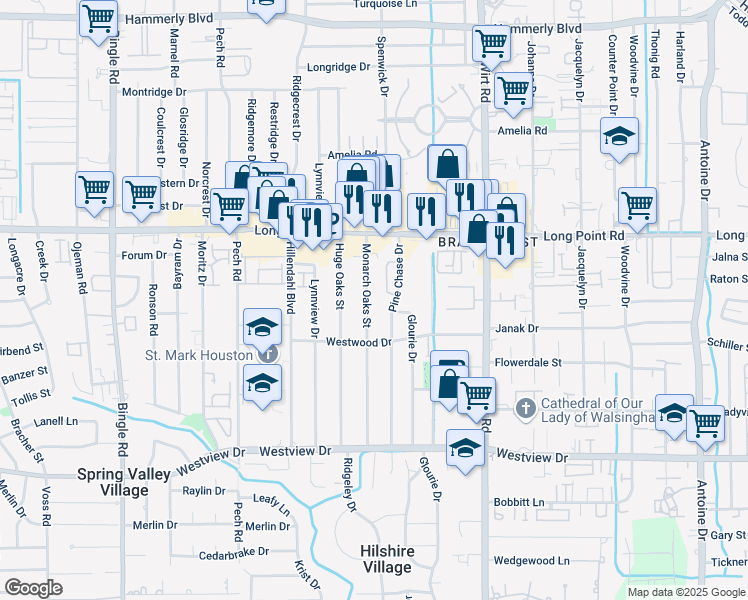 map of restaurants, bars, coffee shops, grocery stores, and more near 1622 Monarch Oaks Street in Houston