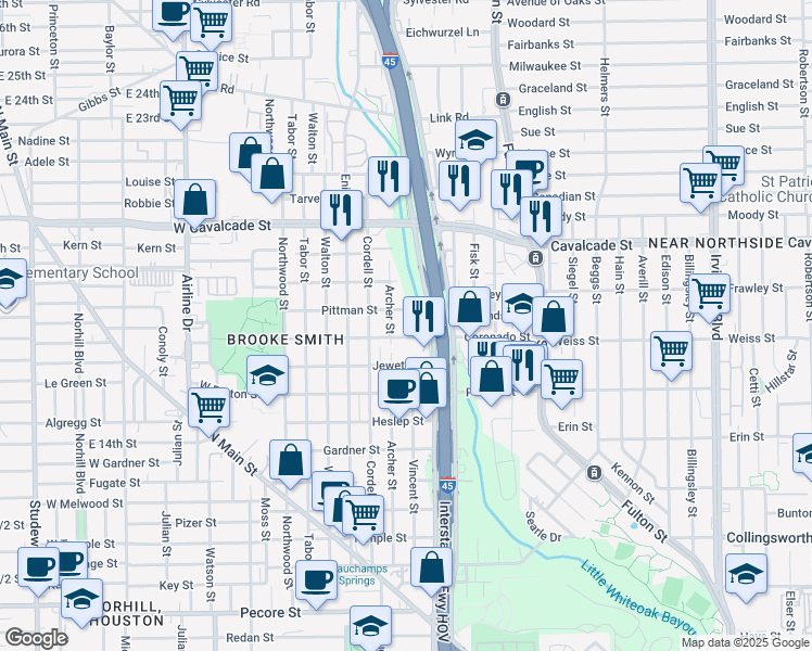 map of restaurants, bars, coffee shops, grocery stores, and more near 1005 Vincent Street in Houston