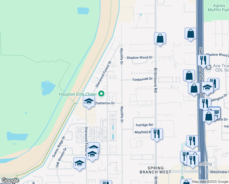 map of restaurants, bars, coffee shops, grocery stores, and more near 11010 Avenu Malkenu Avenue in Houston