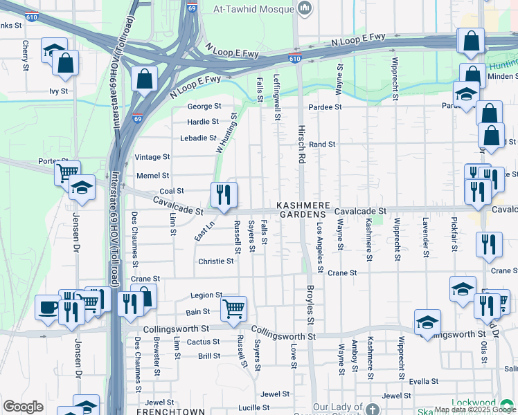 map of restaurants, bars, coffee shops, grocery stores, and more near 4011 Cavalcade Street in Houston