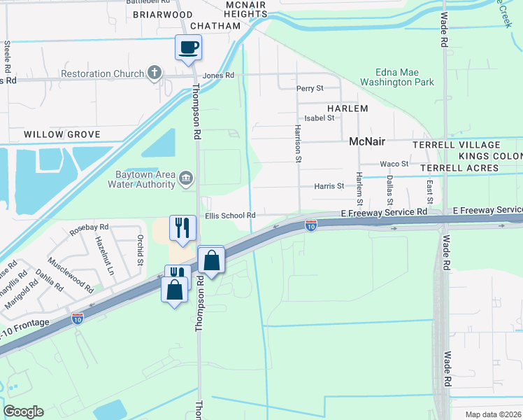 map of restaurants, bars, coffee shops, grocery stores, and more near 2013 Ellis School Road in Baytown