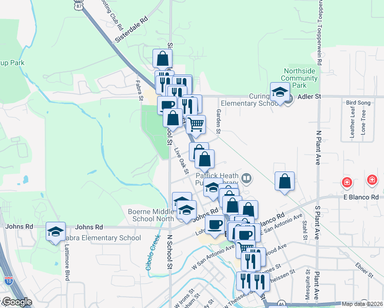 map of restaurants, bars, coffee shops, grocery stores, and more near 726 North Main Street in Boerne