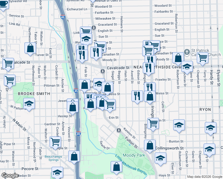 map of restaurants, bars, coffee shops, grocery stores, and more near 4417 Siegel Street in Houston