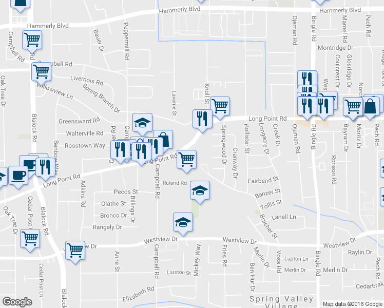 map of restaurants, bars, coffee shops, grocery stores, and more near 8995 Long Point Road in Houston